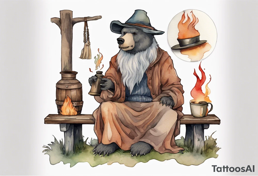 a medieval bear-human hybrid with a long grey beard wearing a tunic and a floppy hat sitting on a bench by a fire drinking from a wood cup tattoo idea