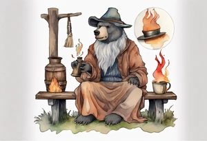 a medieval bear-human hybrid with a long grey beard wearing a tunic and a floppy hat sitting on a bench by a fire drinking from a wood cup tattoo idea