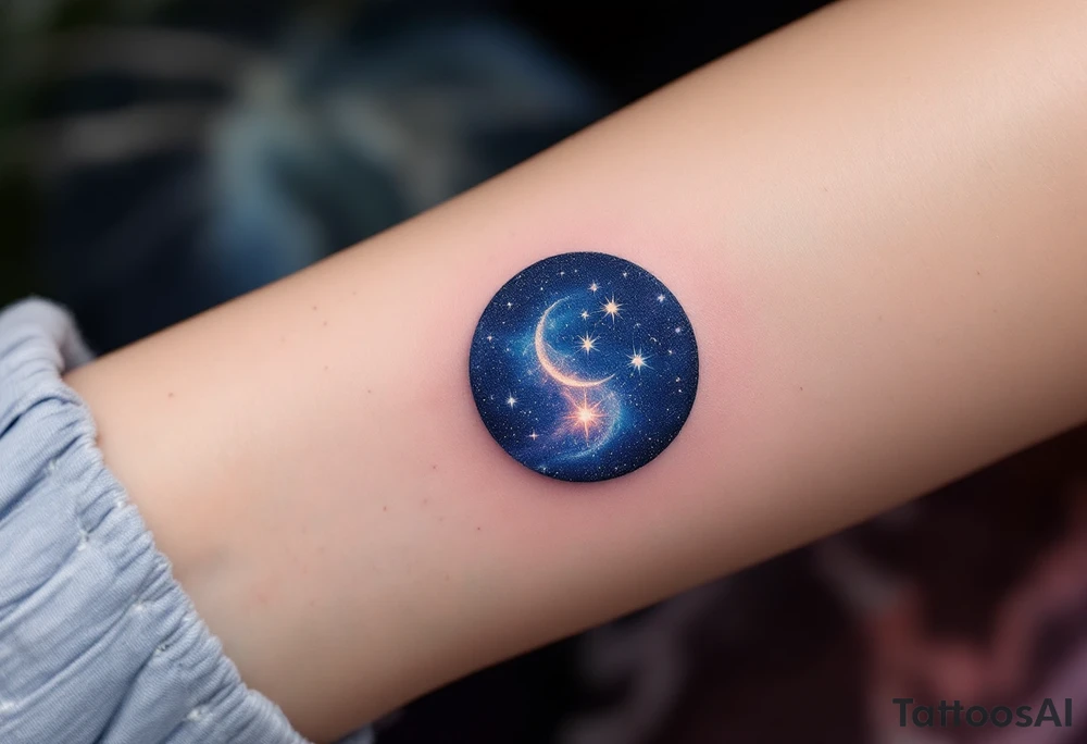 The Sagittarius star constellation embedded in a circular night-sky portal with dark blue and silver shading. tattoo idea