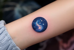 The Sagittarius star constellation embedded in a circular night-sky portal with dark blue and silver shading. tattoo idea