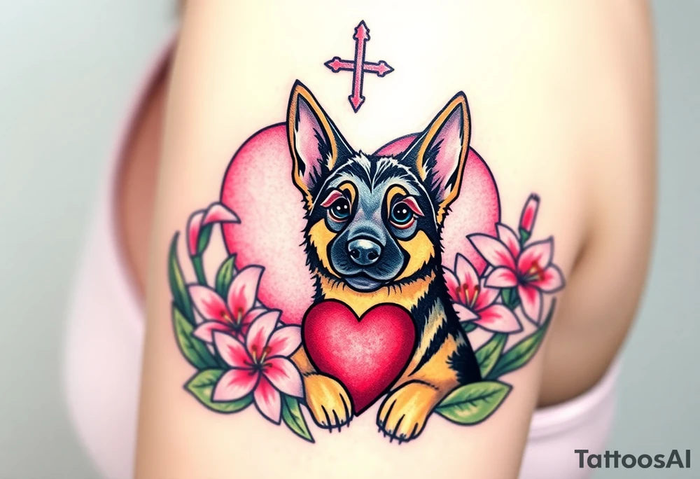 strong short haired german shepherd with alert ears surrounded by pink lilies with large leaves in front of a sacred heart tattoo idea