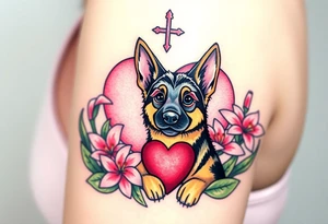 strong short haired german shepherd with alert ears surrounded by pink lilies with large leaves in front of a sacred heart tattoo idea