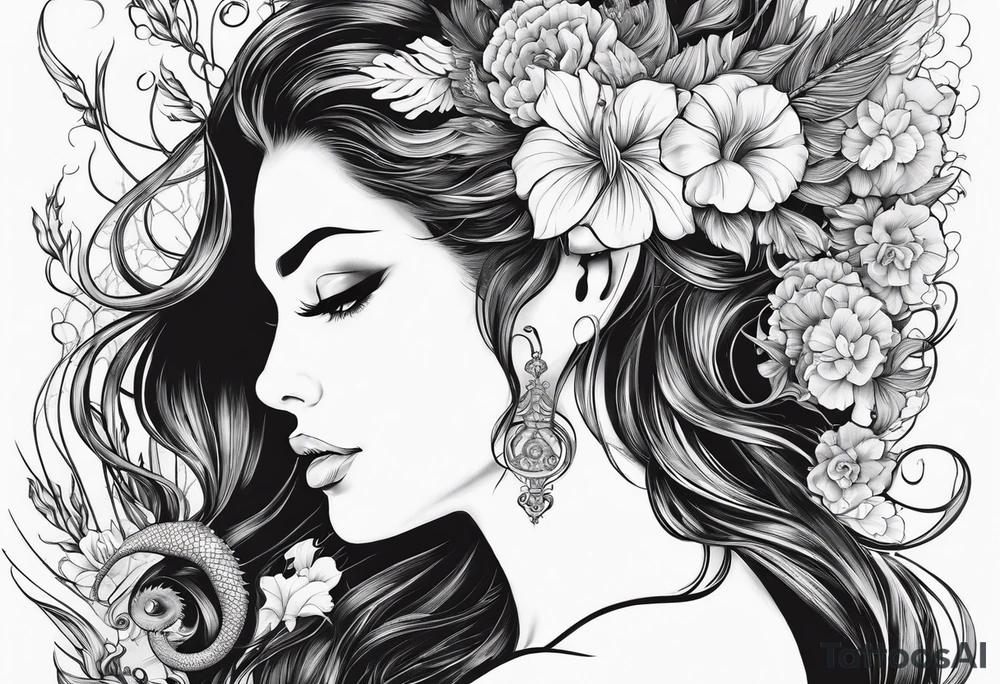 Mermaid face and half body looking at seahorse both on side profile. Trident near hair, horns coming from head. Flowers and reeds, tattoos on skin, big lips and eyes tattoo idea