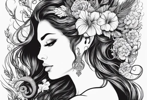 Mermaid face and half body looking at seahorse both on side profile. Trident near hair, horns coming from head. Flowers and reeds, tattoos on skin, big lips and eyes tattoo idea