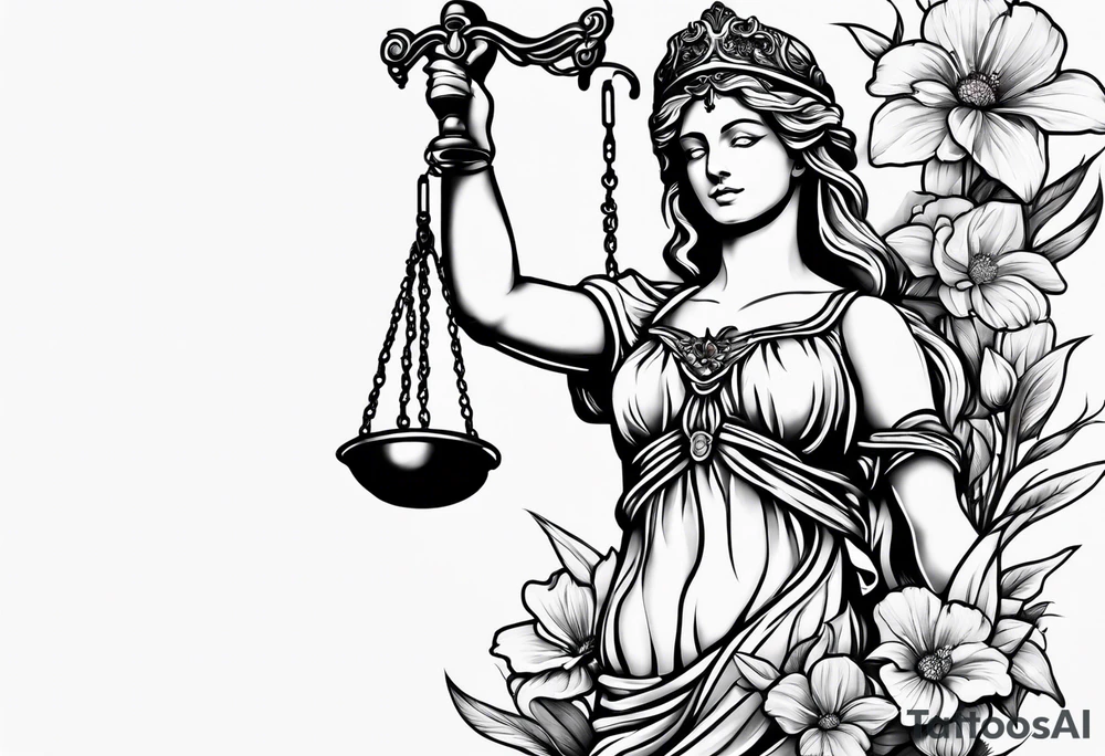 lady justice and flowers tattoo idea