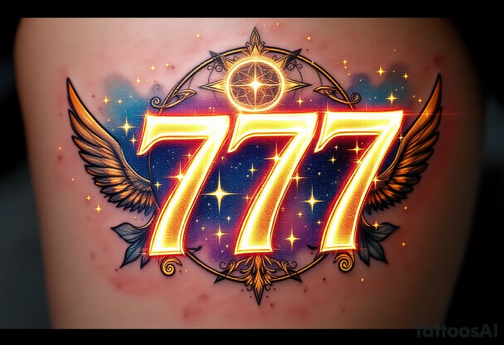 A bold, glowing "777" in a sleek, modern font, radiating with gold and silver light. The numbers are surrounded by celestial elements like tiny twinkling stars, a faint halo, and soft angelic wings, symbolizing divine guidance and good fortune. A subtle gradient of blue and purple hues in the background gives it a mystical aura, while thin golden filigree wraps around the numbers, adding an elegant and timeless touch. This tattoo embodies luck, spiritual awakening, and universal alignment, making it a powerful symbol of destiny and fortune. tattoo idea