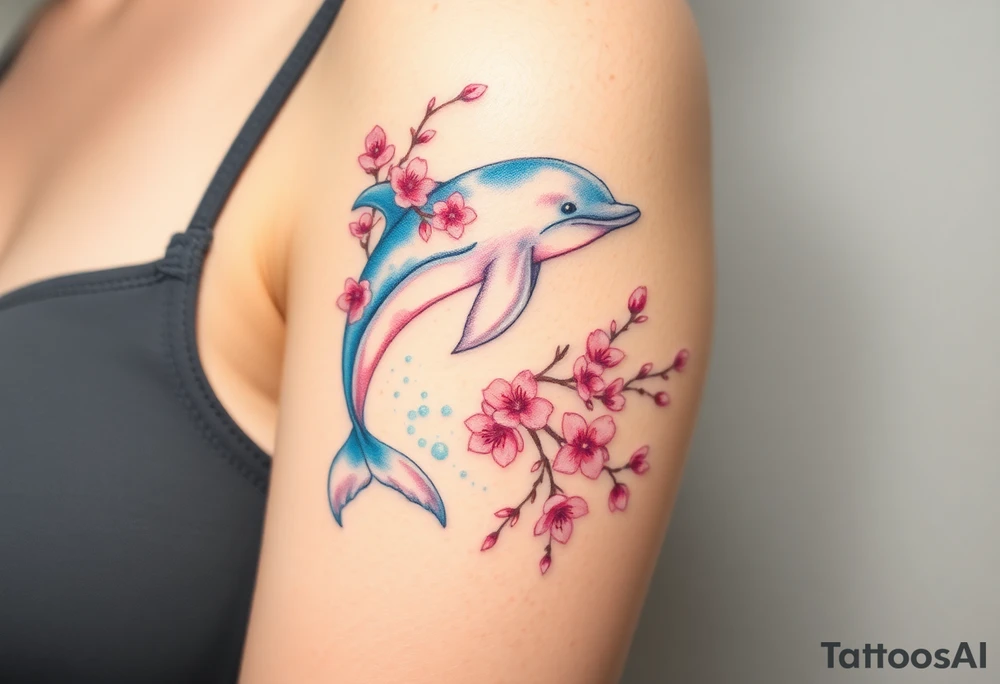 A dolphin intertwined with delicate cherry blossom branches, combining ocean and floral elements tattoo idea