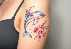 A dolphin intertwined with delicate cherry blossom branches, combining ocean and floral elements tattoo idea