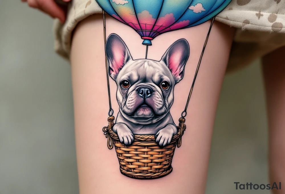 French Bulldog in a hot air balloon, head sticking out of a basket, fur in light ash gray with the balloon in pastel sky colors. tattoo idea