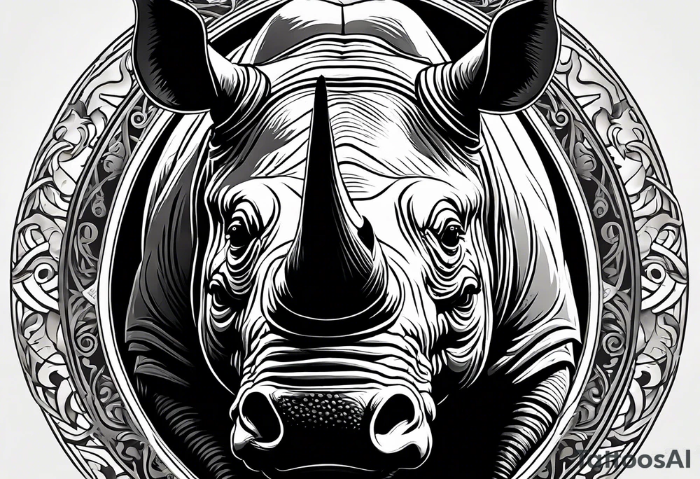 A front-facing rhino head with a sharp elongated tusk that is angry and fierce. Ears pointed straight up and forward a bit. Eyes that pierce your soul. A snarling jowel tattoo idea