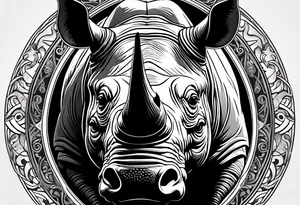 A front-facing rhino head with a sharp elongated tusk that is angry and fierce. Ears pointed straight up and forward a bit. Eyes that pierce your soul. A snarling jowel tattoo idea