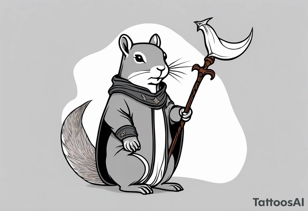 a grey squirrel dressed in a medieval tunic holding a silver narwhal horn tattoo idea