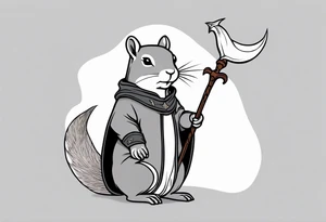 a grey squirrel dressed in a medieval tunic holding a silver narwhal horn tattoo idea