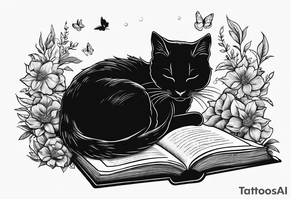 black sillhouette cat sleeping with a book sleeve tattoo tattoo idea