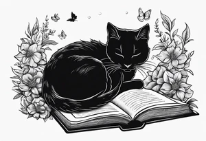 black sillhouette cat sleeping with a book sleeve tattoo tattoo idea