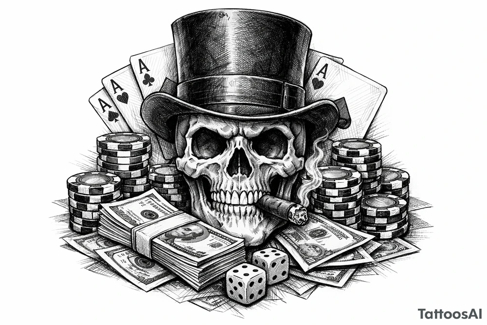 skull with cigar in his mouth,top-hat surrounded by poker-chips,paying cards and money. tattoo idea