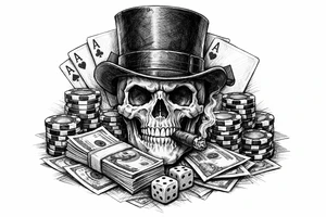 skull with cigar in his mouth,top-hat surrounded by poker-chips,paying cards and money. tattoo idea