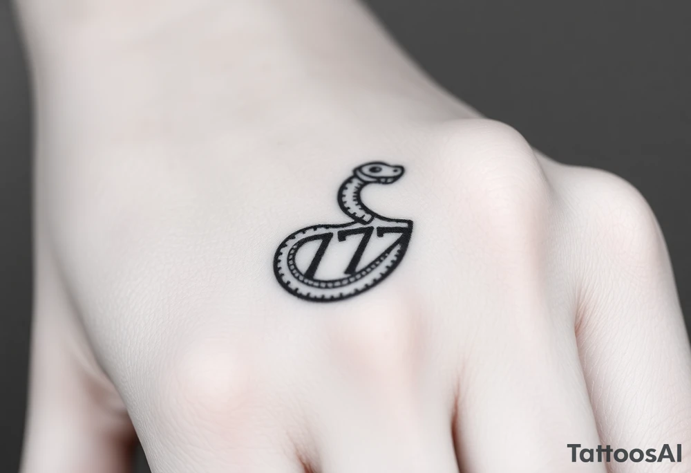 Minimalist black ink tattoo design of a small snake coiled around the number 777. tattoo idea