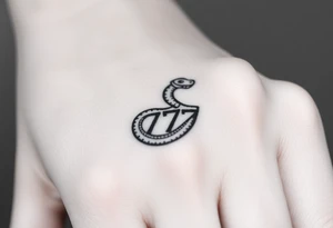 Minimalist black ink tattoo design of a small snake coiled around the number 777. tattoo idea