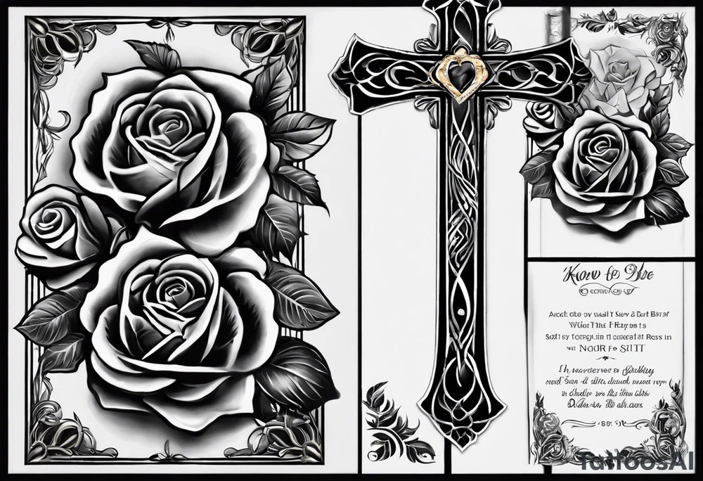 Cross that in the middle of it says “know your worth as well” and under it I would like my dads birthday the 30th of August 1966 and under that a rose and i would like it on my forearm and it must not be too big tattoo idea