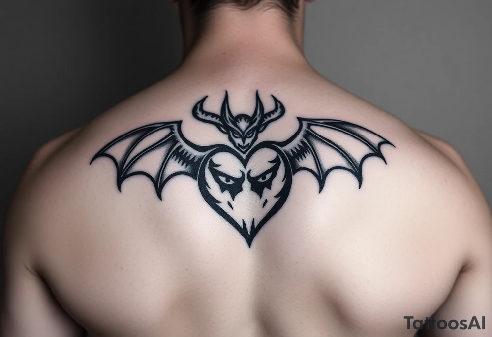 Man having heart broken buy demon women dark evil tattoo idea