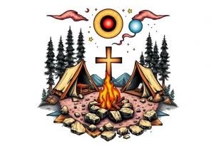 Campsite with a campfire with a cross tattoo idea