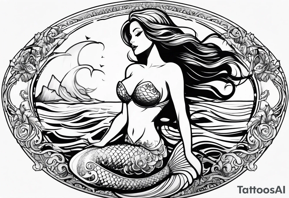 Mermaid full body, curvy, one arm up in the air, smiling tattoo idea