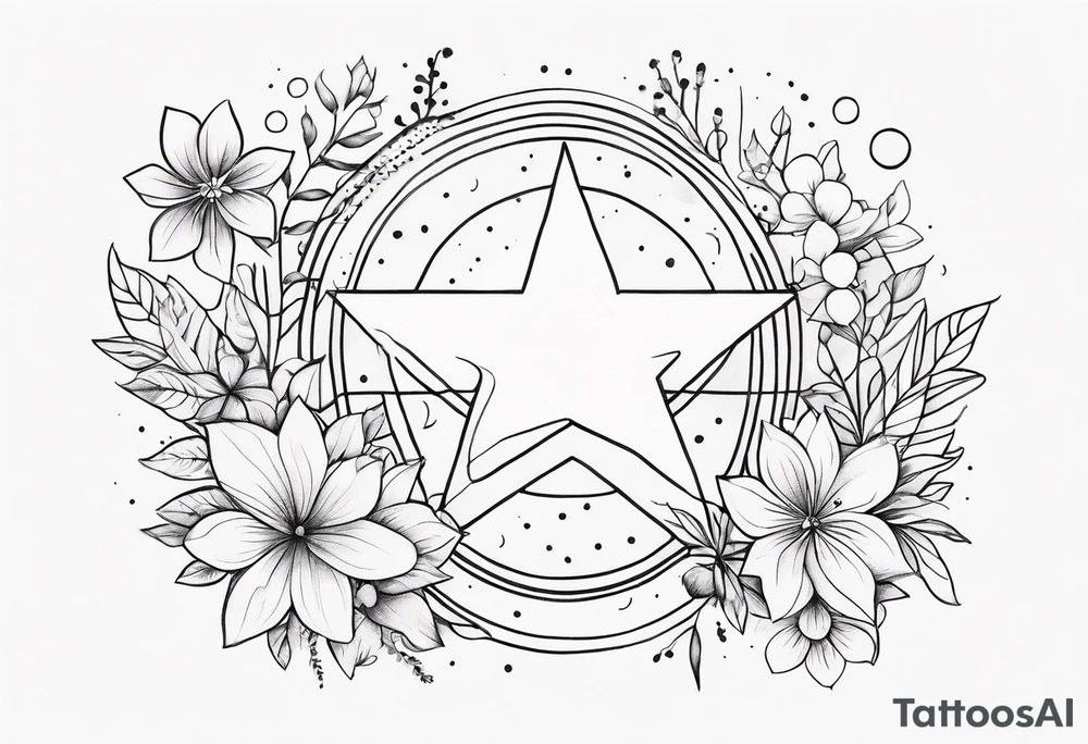 fine line with stars, floral, dots tattoo idea