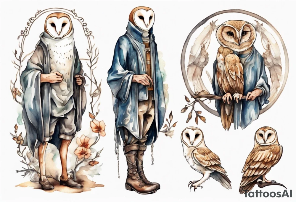 a thin man with long legs and the head of a barn owl wearing medieval pants and boots tattoo idea