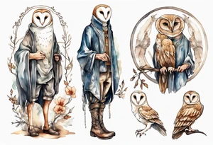 a thin man with long legs and the head of a barn owl wearing medieval pants and boots tattoo idea