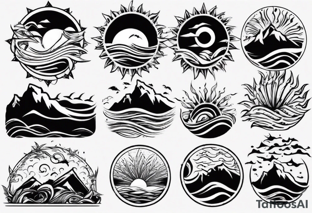 mountains, beach, waves, sun tattoo idea