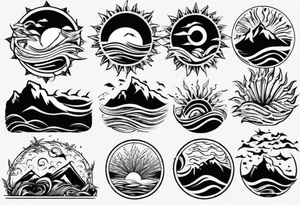 mountains, beach, waves, sun tattoo idea