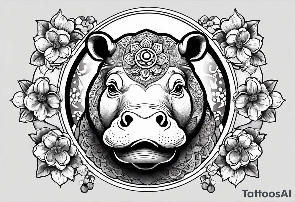 A symbolic hippo head with a detailed realistic full moon on upper right corner and wintersweet flower on lower left corner, looking like a totem tattoo idea