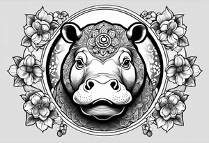 A symbolic hippo head with a detailed realistic full moon on upper right corner and wintersweet flower on lower left corner, looking like a totem tattoo idea