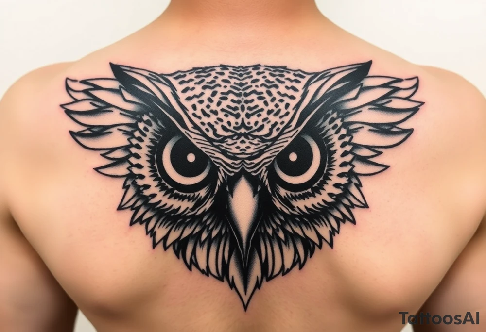 Owl head with large intense tripping on acid colored eyes without pupils, cyber style  and glowing circle on the forheadl tattoo idea