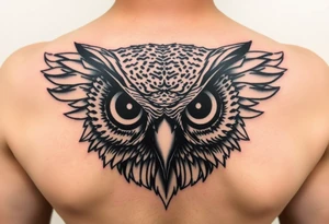 Owl head with large intense tripping on acid colored eyes without pupils, cyber style  and glowing circle on the forheadl tattoo idea