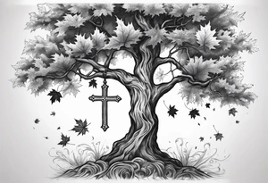 A cross and a maple tree tattoo idea