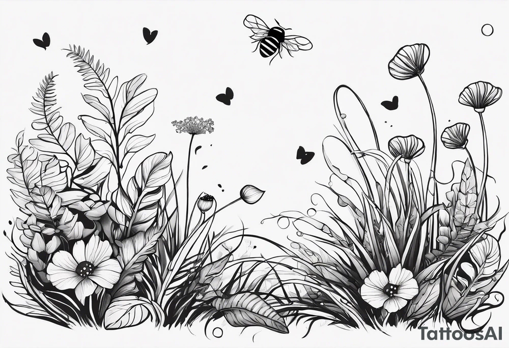 forest floor inspired minimalist tattoo, which includes grass, curly ferns and dead leaves as the bulk of the tattoo. details to include: three very tiny strawberries, a tiny bumblebee flying nearby, three small brown mushrooms
Generate a vertically long one tattoo idea