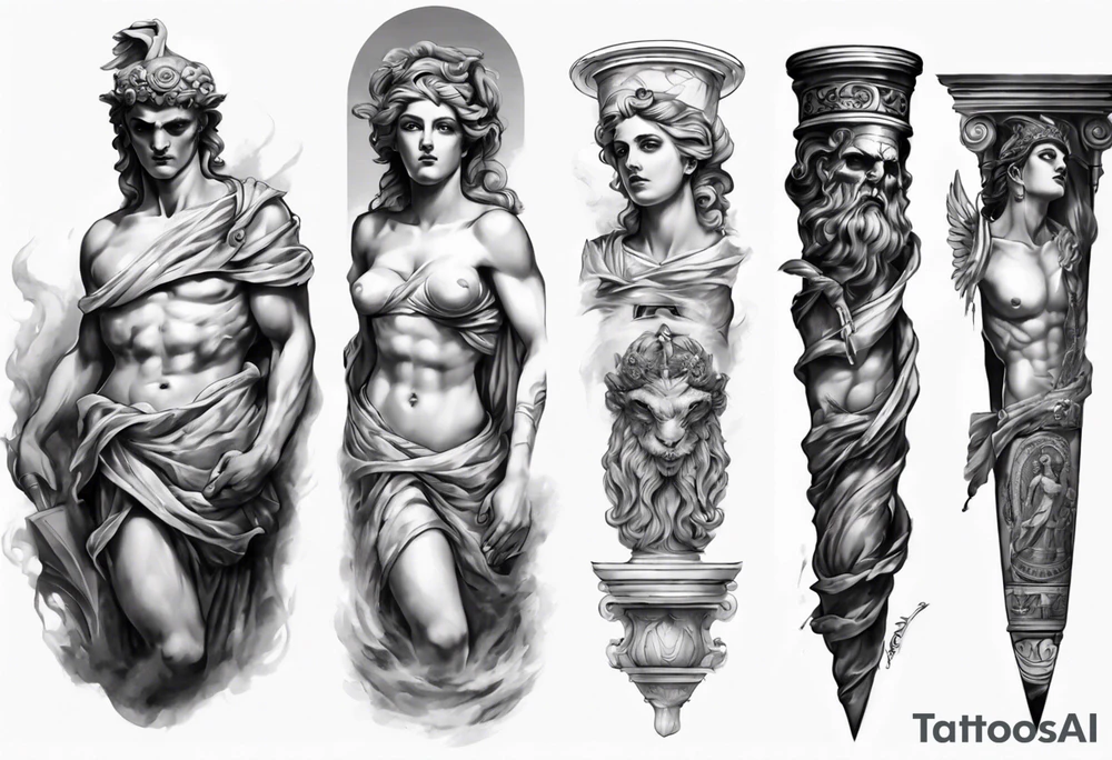 GREEK EVIL STATUES 
ARM SLEEVE 
REALISTIC tattoo idea