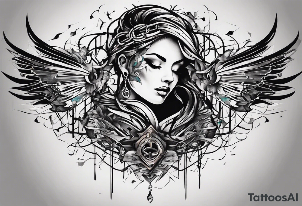 Wide tattoo that appears to be bursting out of the skin, symbolizing freedom with broken chains. The tattoo should be vibrant and dynamic, with bold lines and colors that evoke a sense of liberation and empowerment. The tattoo should be visually striking and thought-provoking. tattoo idea