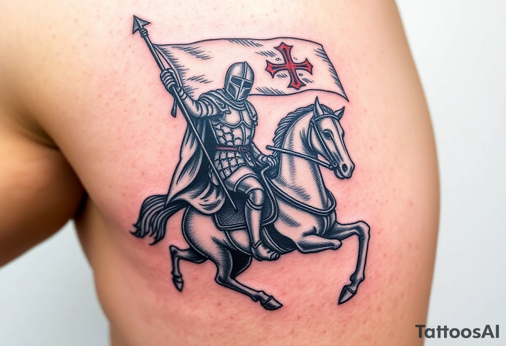 A medieval knight holding a banner with the Templar cross, riding into battle on a warhorse tattoo idea