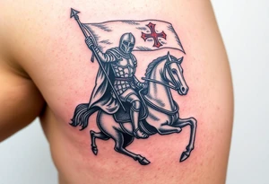 A medieval knight holding a banner with the Templar cross, riding into battle on a warhorse tattoo idea