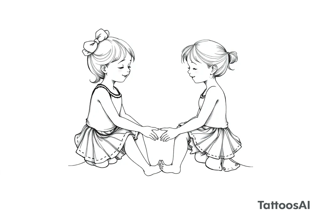 Zwei grinsende kleine mädchen sitzen sich gegenüber eine hat einen Dutt die andere einen Zopf und sie berühren sich an den Fußsohlen seitenansicht tattoo idea