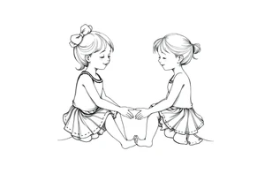 Zwei grinsende kleine mädchen sitzen sich gegenüber eine hat einen Dutt die andere einen Zopf und sie berühren sich an den Fußsohlen seitenansicht tattoo idea