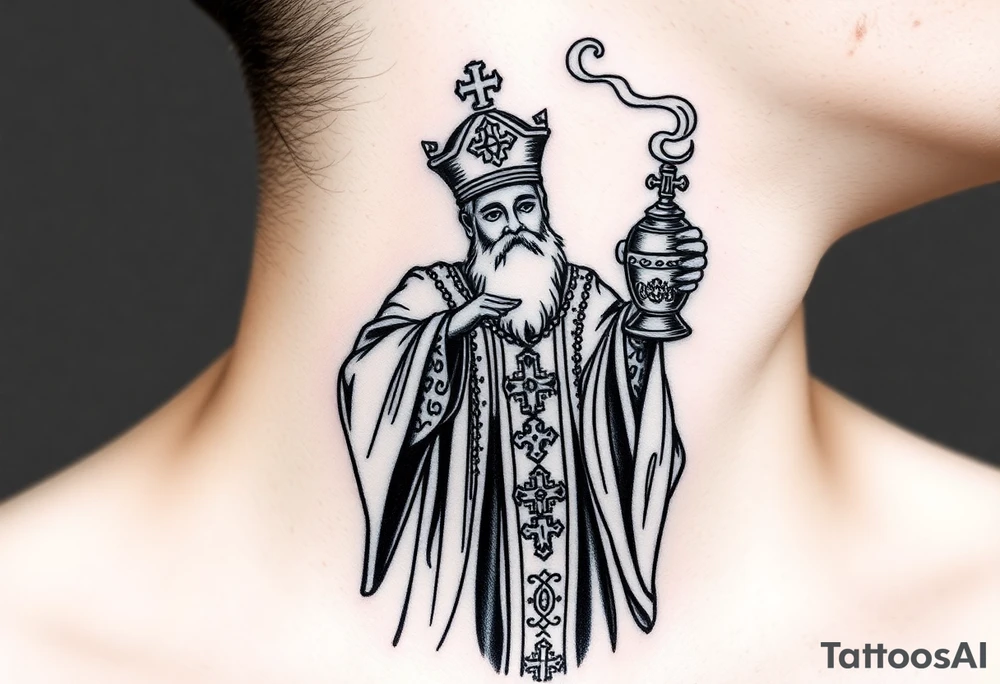 Russian Orthodox Priest in fully detailed vestment swinging a censer with smoke curling upward tattoo idea