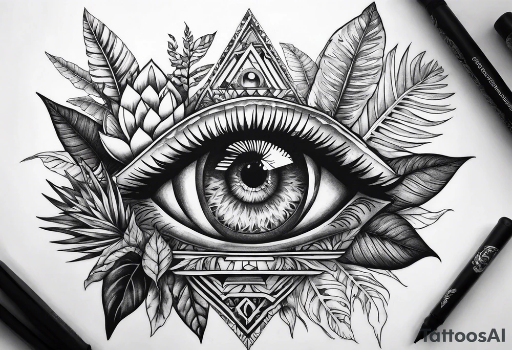 sleeve tattoo with all-seeing eye and jungle plants tattoo idea