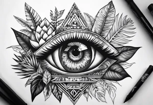 sleeve tattoo with all-seeing eye and jungle plants tattoo idea