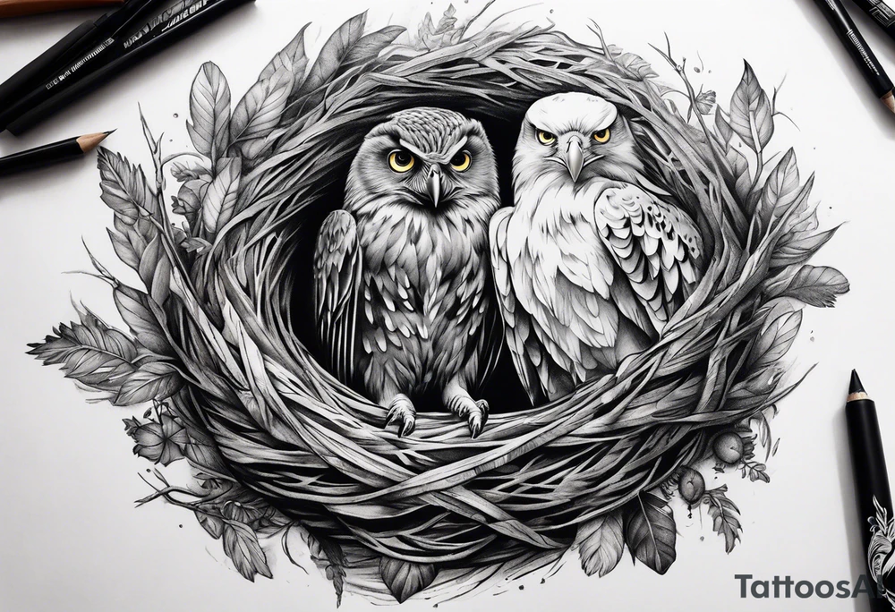 Owl, raven, eagle cuddled in a nest, looking down into the nest tattoo idea