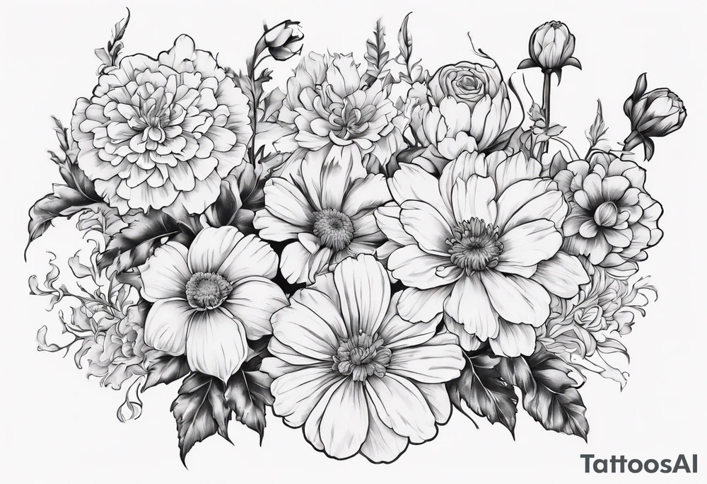 a sleeve tattoo of Marigold flowers, Cosmos flowers, Chrysanthemum flowers, Narcissus flowers, Holly flowers, roses and honeysuckles. tattoo idea