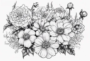 a sleeve tattoo of Marigold flowers, Cosmos flowers, Chrysanthemum flowers, Narcissus flowers, Holly flowers, roses and honeysuckles. tattoo idea